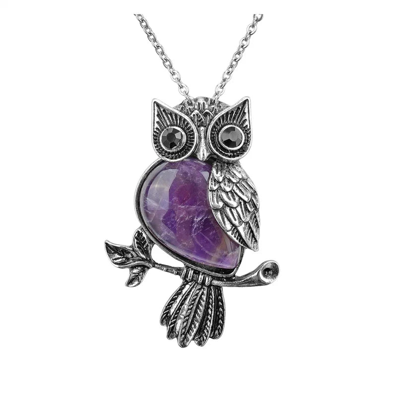 Owl Necklace Healing Crystal Stones Pendant Necklaces for Women Men Natural Amethyst Rose Quartz Gemstone Jewelry