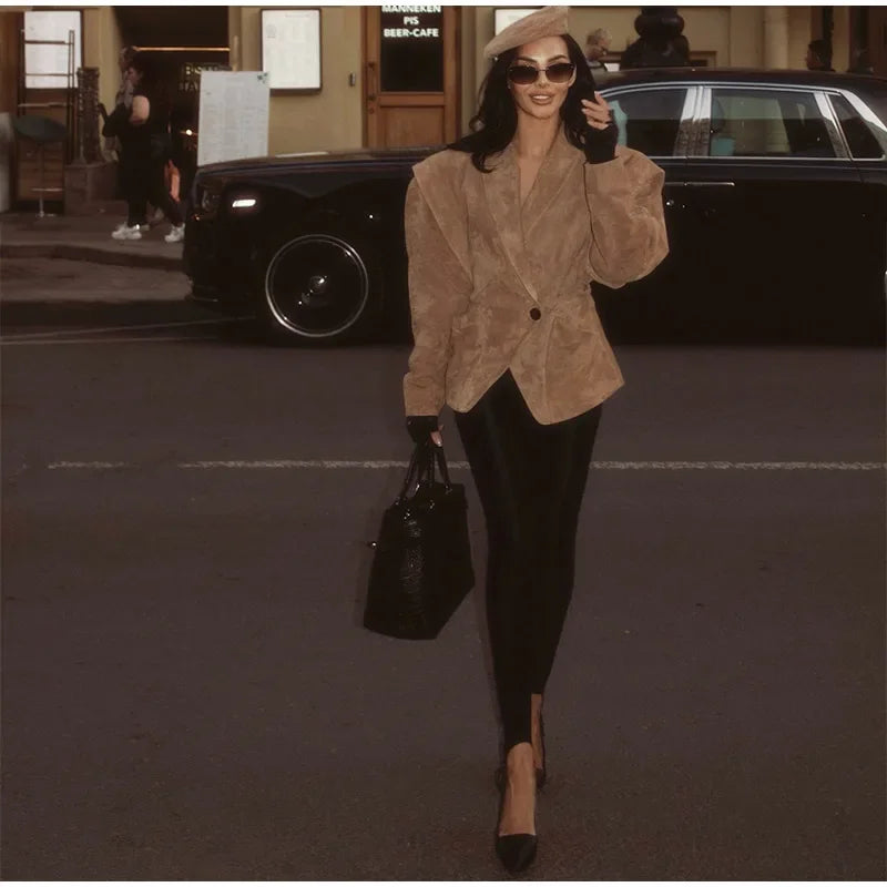 Dark Brown Suede One Button Blazer Women Long Sleeve Wide Shoulders Coat Autumn Highstreet Commute Fashion Solid Lady Outerwears