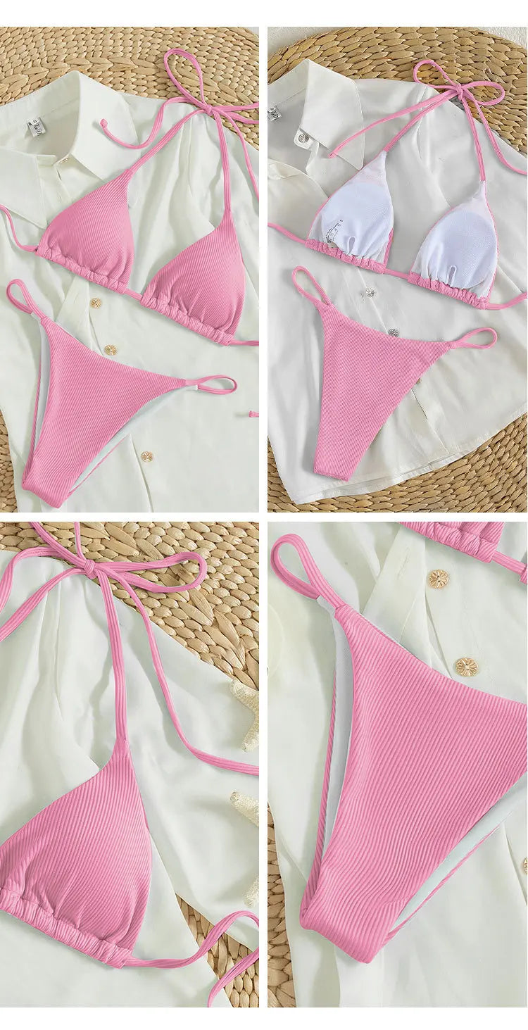 11 Colors Women Sexy Simple Solid Halter Bikini Swimsuit High Waisted Lace Up Beach Bathing Suit Special Pit Stripe Fabric 2024