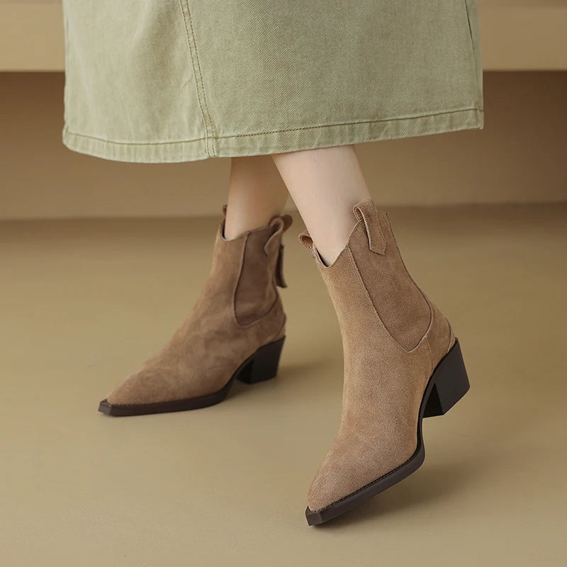 2025 Autumn Winter Trend Cow Suede Women Western Boots Black Brown Khaki Purple Green Burgundy Pointed Toe Ladies Ankle Boots