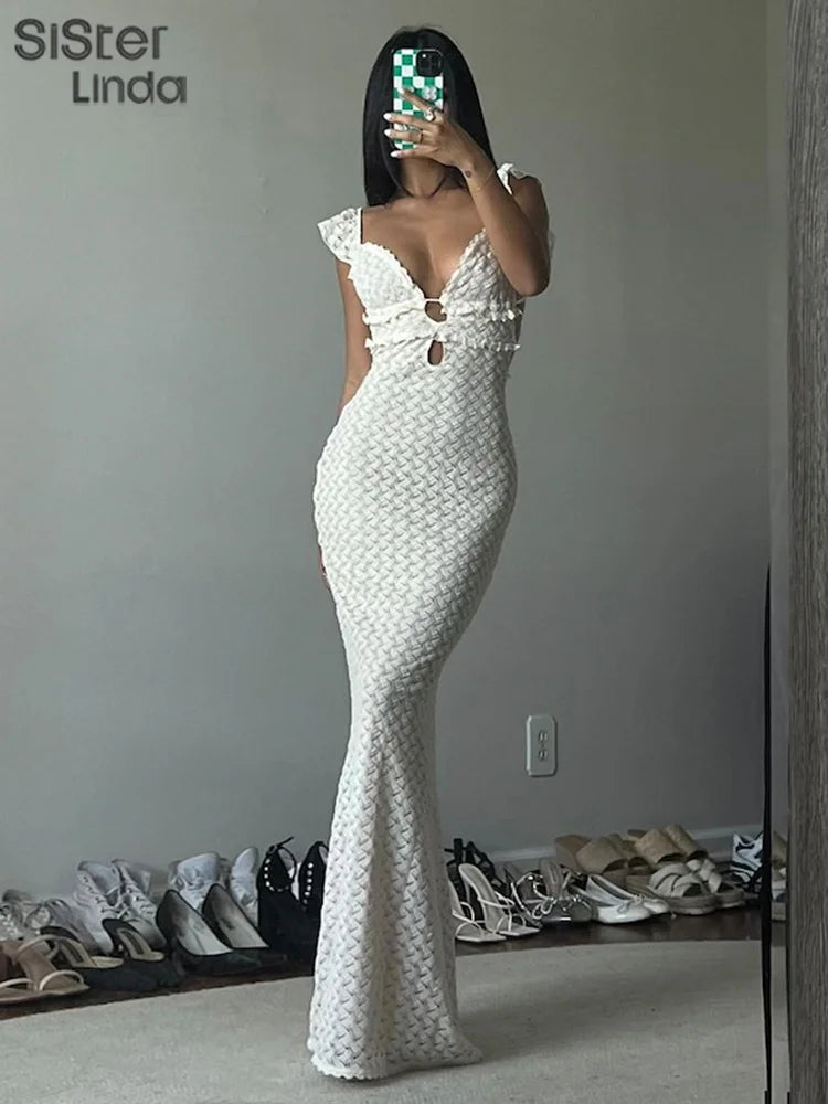 Sisterlinda Woven Ruched Maxi Dress Wowen Fashion Sexy Deep V-neck Backless Bandage Vestido Female Elegant Romantic Evening Robe