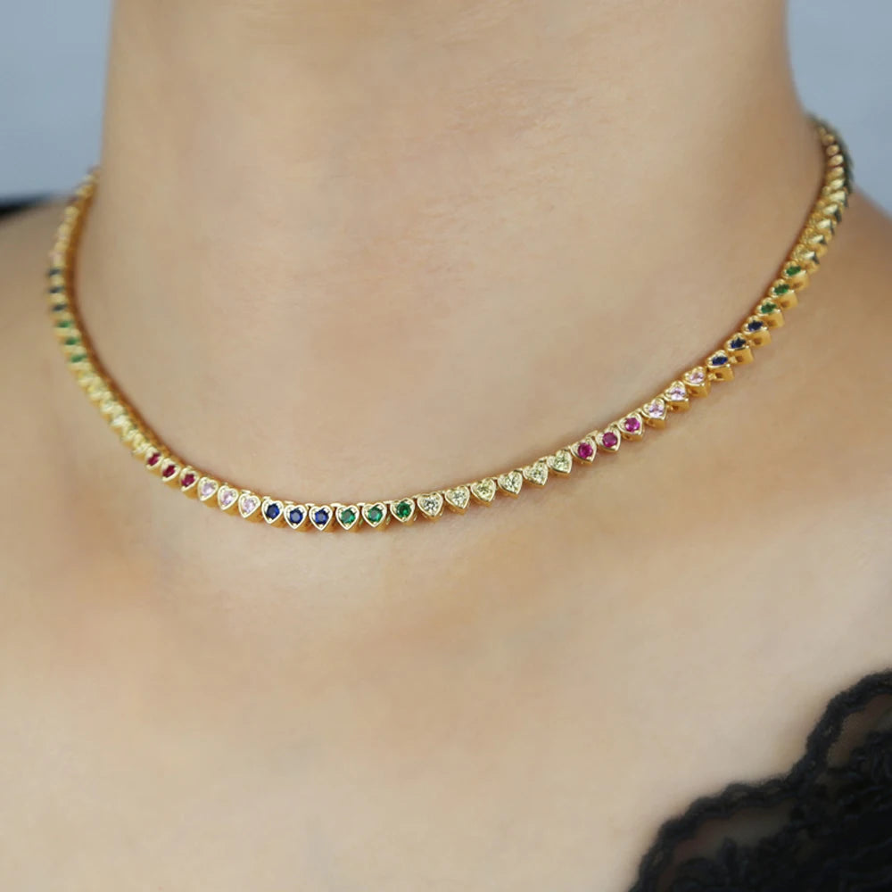 2024 New Rainbow CZ Heart Charm Necklace Gold Color Zircon Tennis Chain Asymmetric Hearts Choker Women Hip Hop Fashion Jewelry