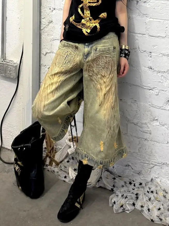 Summer Women Goblin Core Tomboy Y2K Embroidery Jorts 2000s Denim Shorts Japanese Harajuku Jean Pants Grunge Cyber Punk Hip-pop