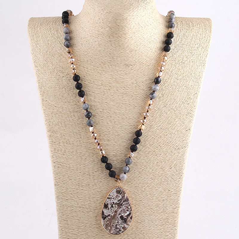 RH Fashion Beaded Necklace 8mm Natural Stone Glass Beads Knotted Pendant Necklaces For Women Bohemian Jewelry Dropship