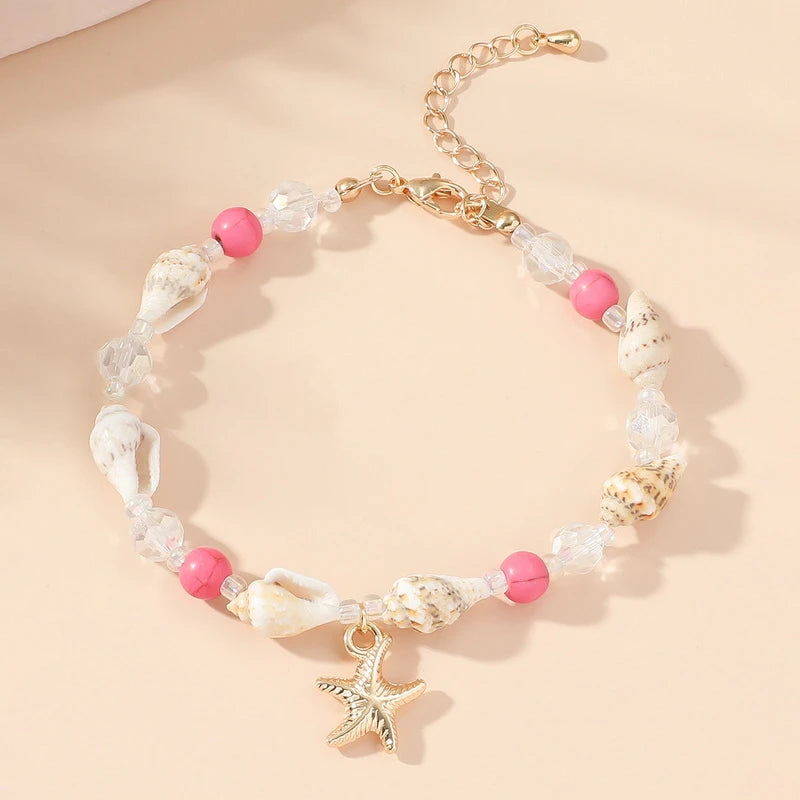 Boho Starfish Conch Bracelet Anklets for Women Cute Adjustable Shell Rice Beads Ankle Bracelets Girls Summer Foot Beach Jewelry