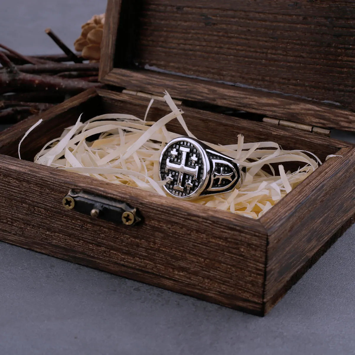 316L Stainless Steel Vintage Religious Jerusalem Cross Rings Men's Fashion Hip Hop Biker Rings Religious Jewelry Wooden Box