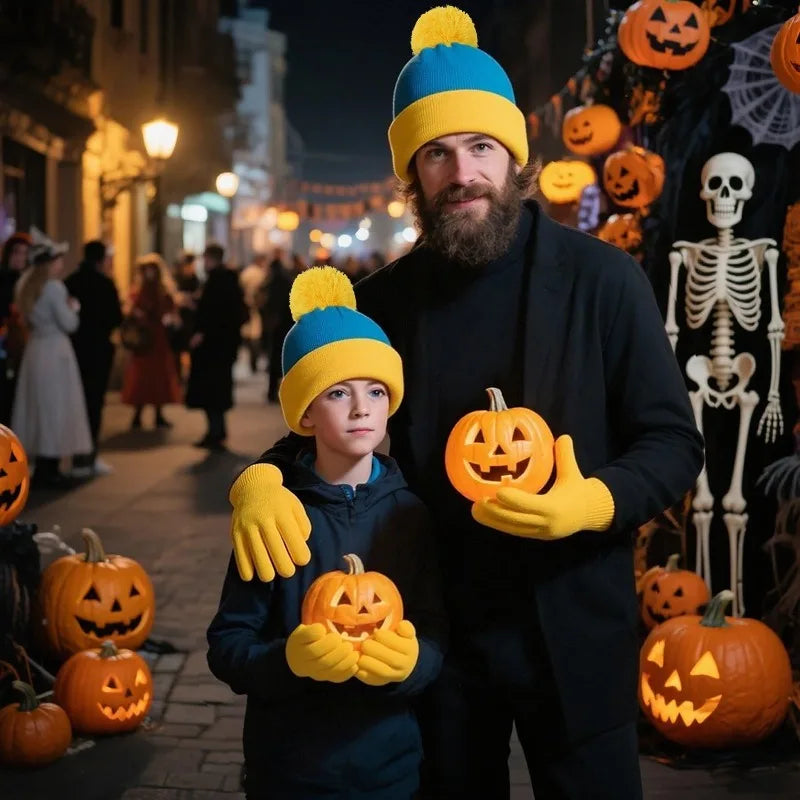 2pc Halloween Cosplay Funny Beanie Hat and Gloves, Character Park Knit Hat Winter Christmas Costume Accessories