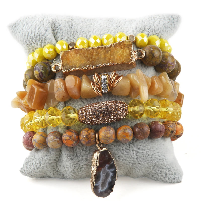 Fashion Designer Gemstone Crystal Glass Beaded Bracelet Sets Druzy Charm 5pc Stack Bracelet Bracelets Set For Women Jewelry Gift