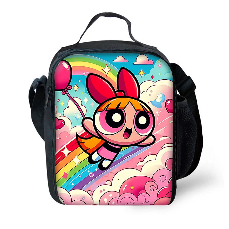 Cute P-PowerpuffS Girls 3 pcs set Child School Backpack with Lunch Bags ,Pencil Bags ,School Bags for Boys Girls Best Gift