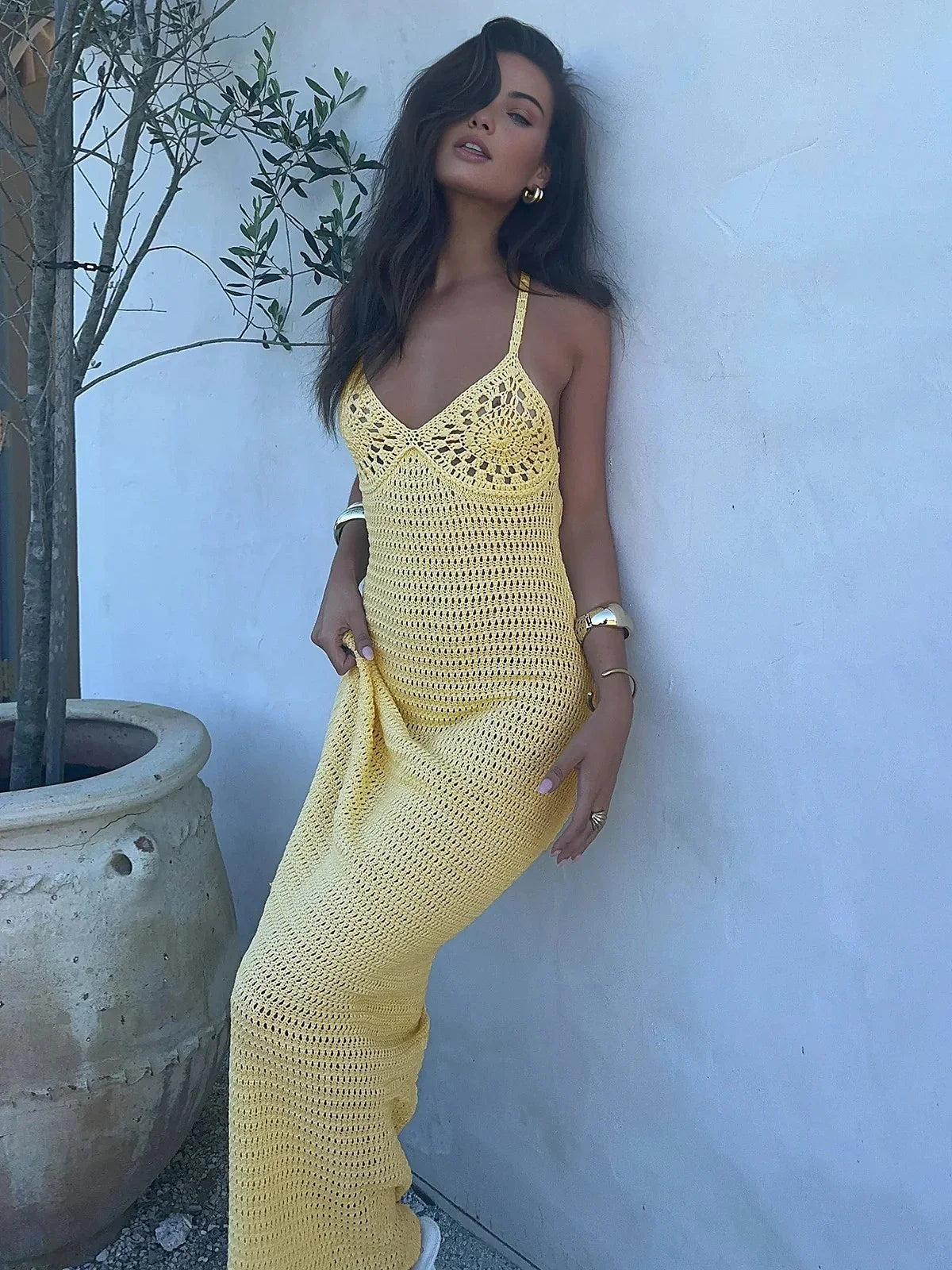 2024 Solid Colour Sexy Knit Cut Out Holiday Swimsuit Cover Up Women's Summer V-Neck Spaghetti Strap Bodycon Beach Maxi Dress K32