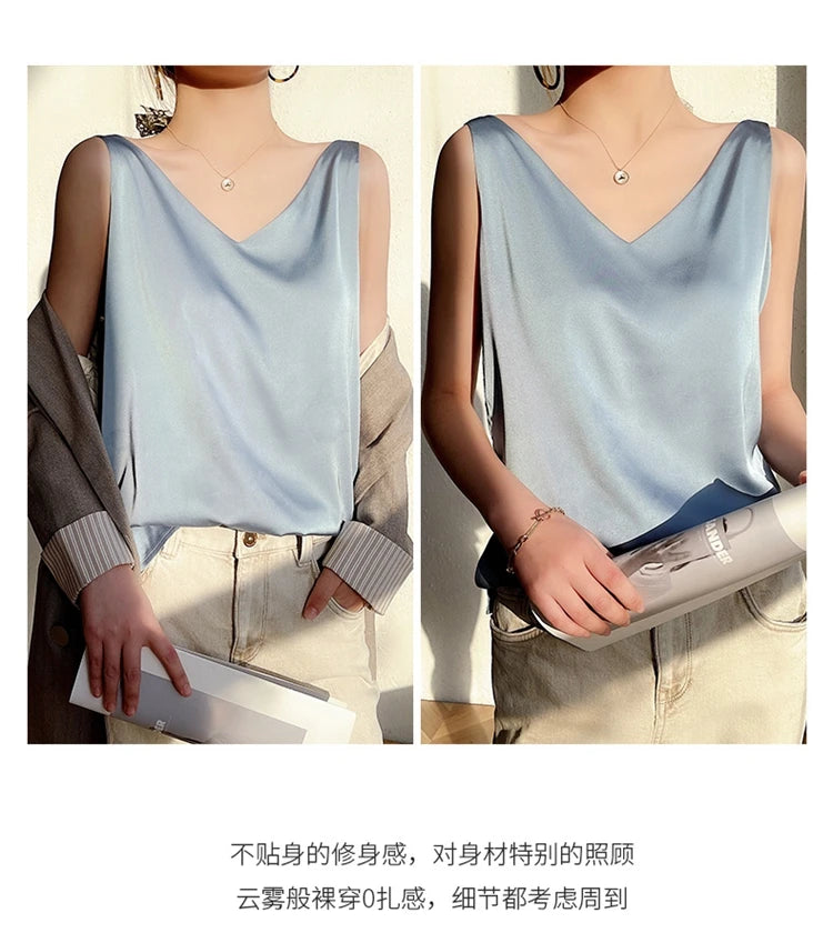 Women's New Four Seasons Inner Wear Silk Suspenders 2022 V-Neck Solid All-Match Satin Vest Soft Loose Thin Lady Sleeveless Tops