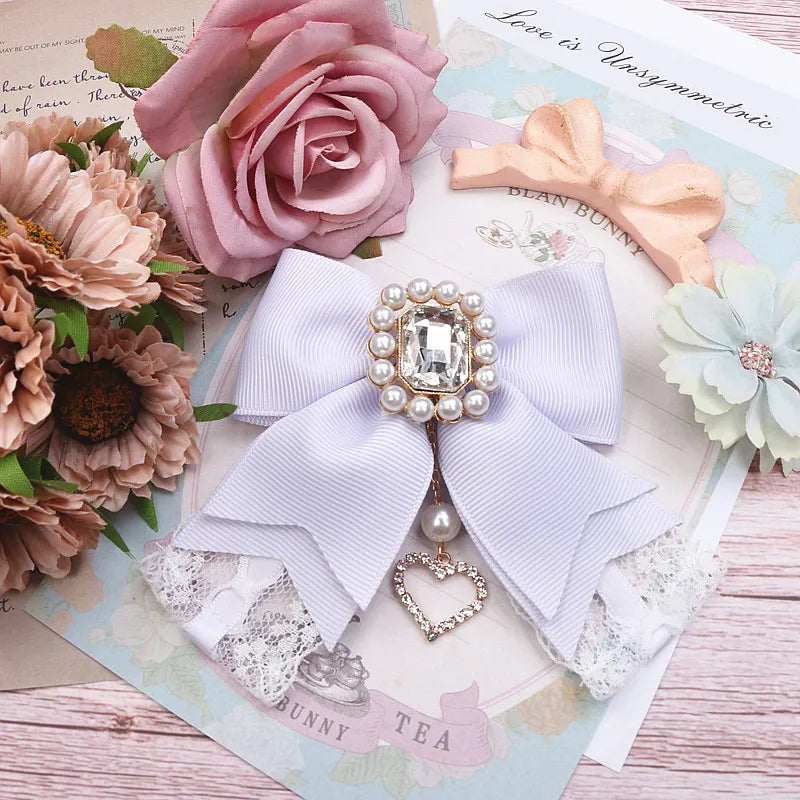 Japanese Sweet Cute Handmade Rhinestone Bow Hairpin Pearl Lace Hairclips Lolita Women Girls Side Clip Bag Pendant Handbag Charms