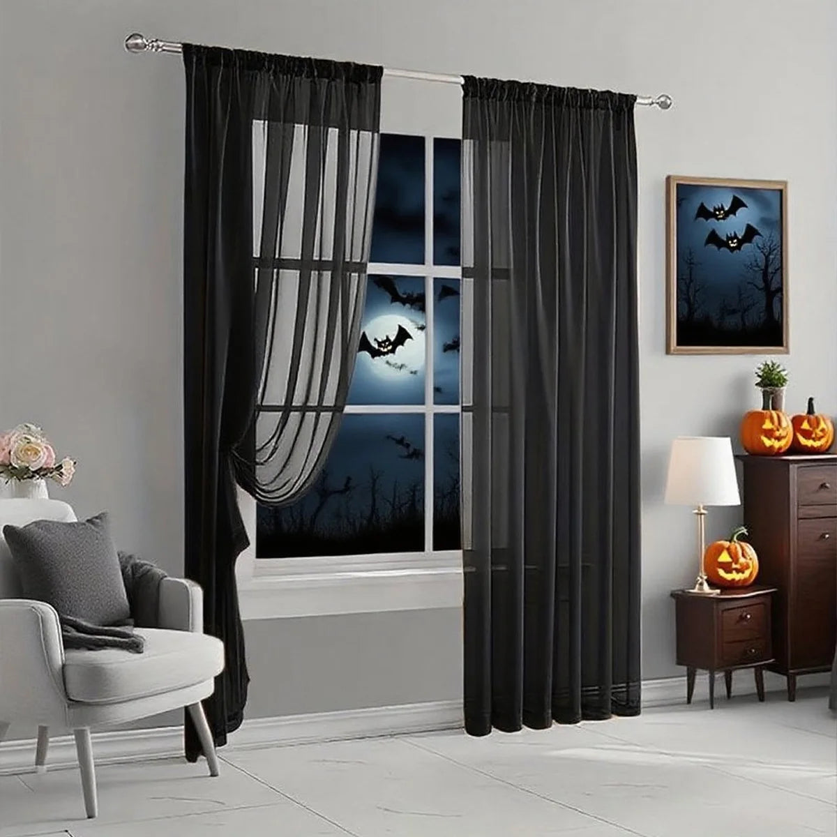 Halloween Ghost Day Holiday Celebration Decoration Orange Black Gauze Threaded Bar Curtain Sheet for Living Room Bedroom Window