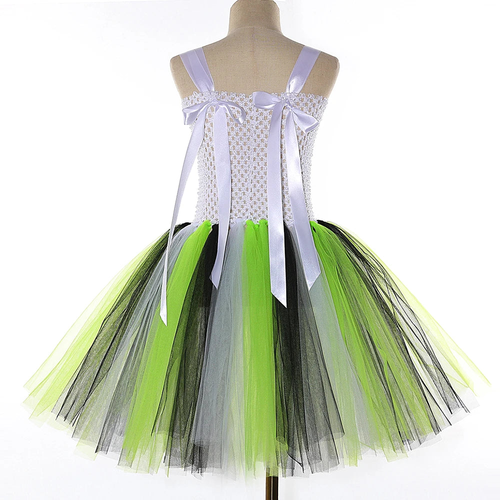 Kids Beetle Juice Costume Girls Black White Striped Tulle Tutu Dress Girls Halloween Carnival Party Princess Dress Up Clothes