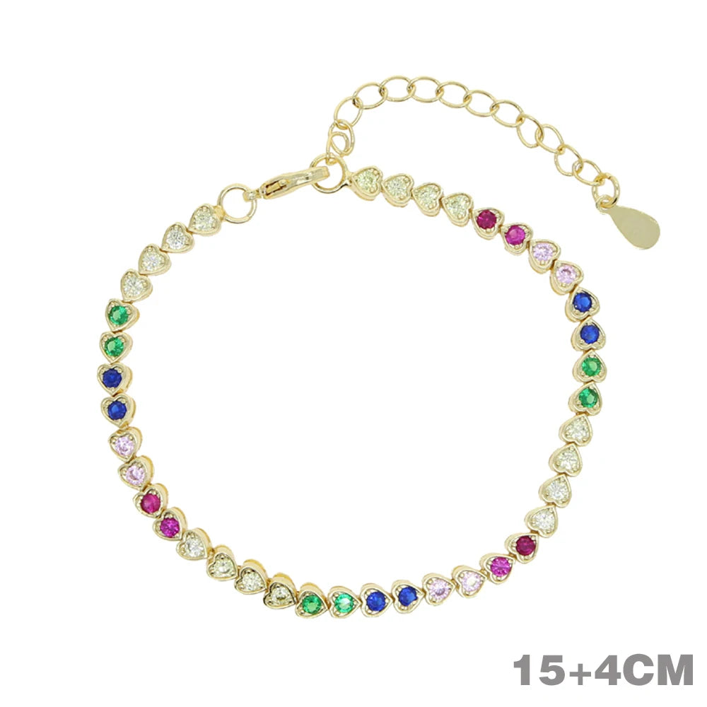 2024 New Rainbow CZ Heart Charm Necklace Gold Color Zircon Tennis Chain Asymmetric Hearts Choker Women Hip Hop Fashion Jewelry