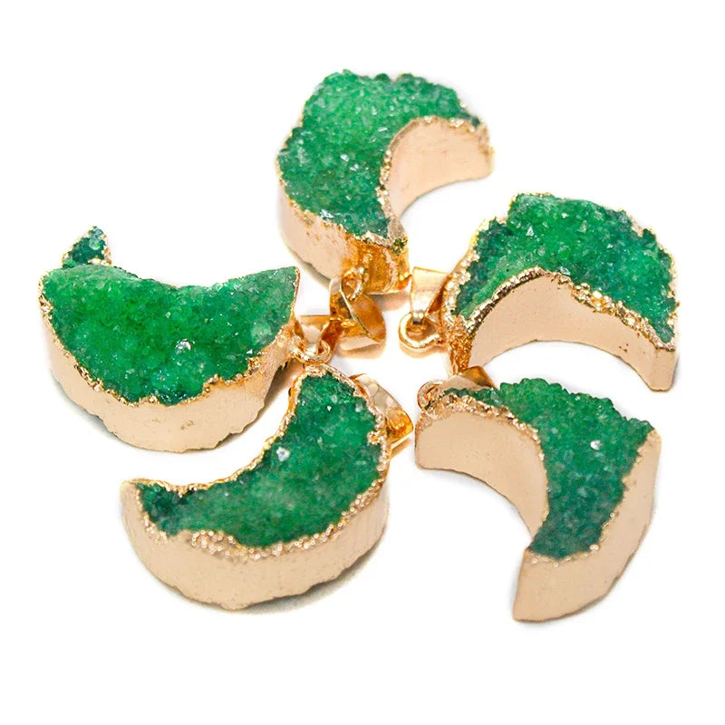 Natural Druzy Quartz Stone Moon Shape Pendant Jewelry Raw Crystal Cluster Jewelry For Women Girls Necklace Making