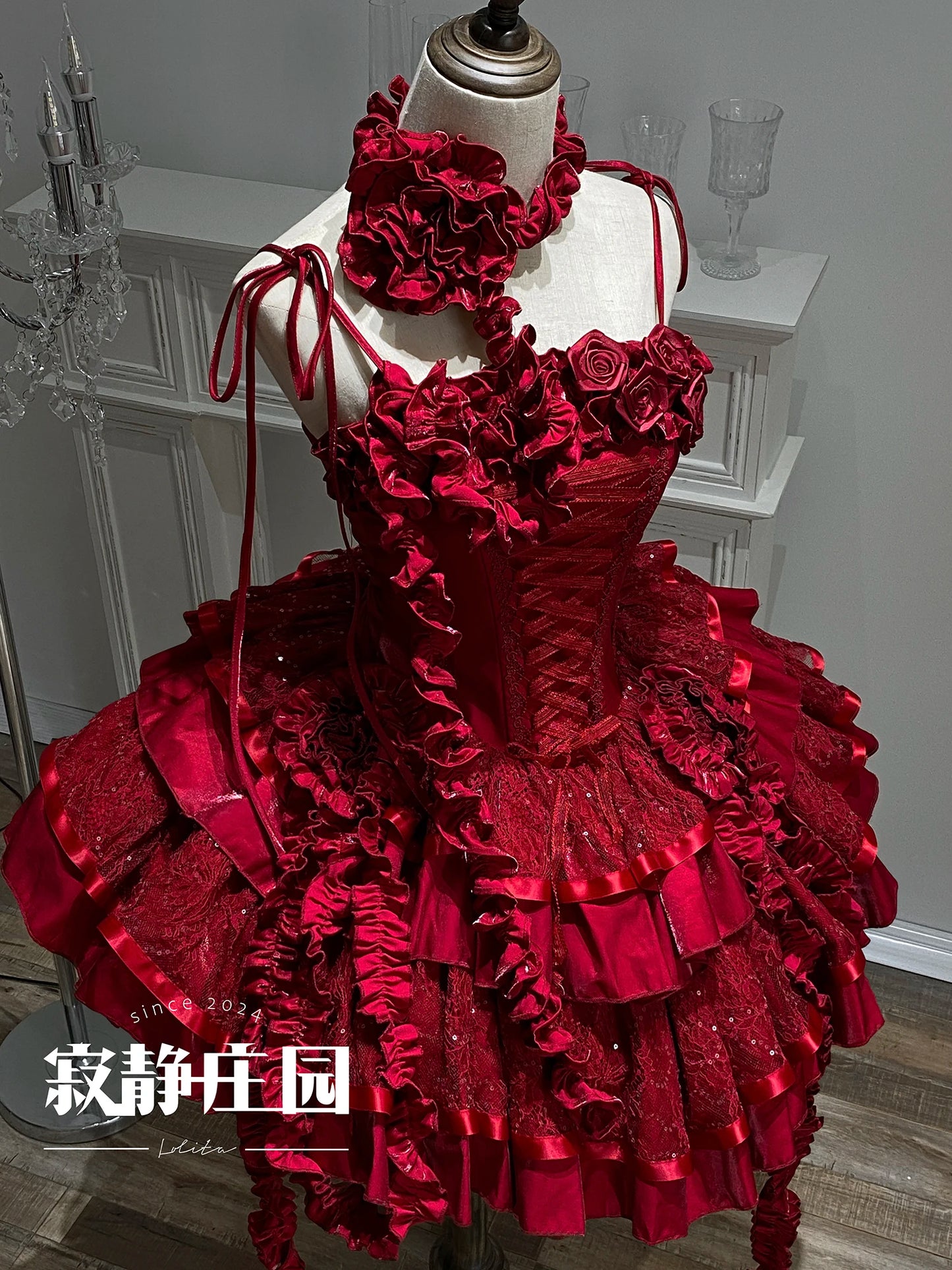 Original Lolita Dress New Christmas New Year Goth Red Fish Bone Jsk Dress Halloween Cosplay Dark Blue Slim Sling Short Dresses