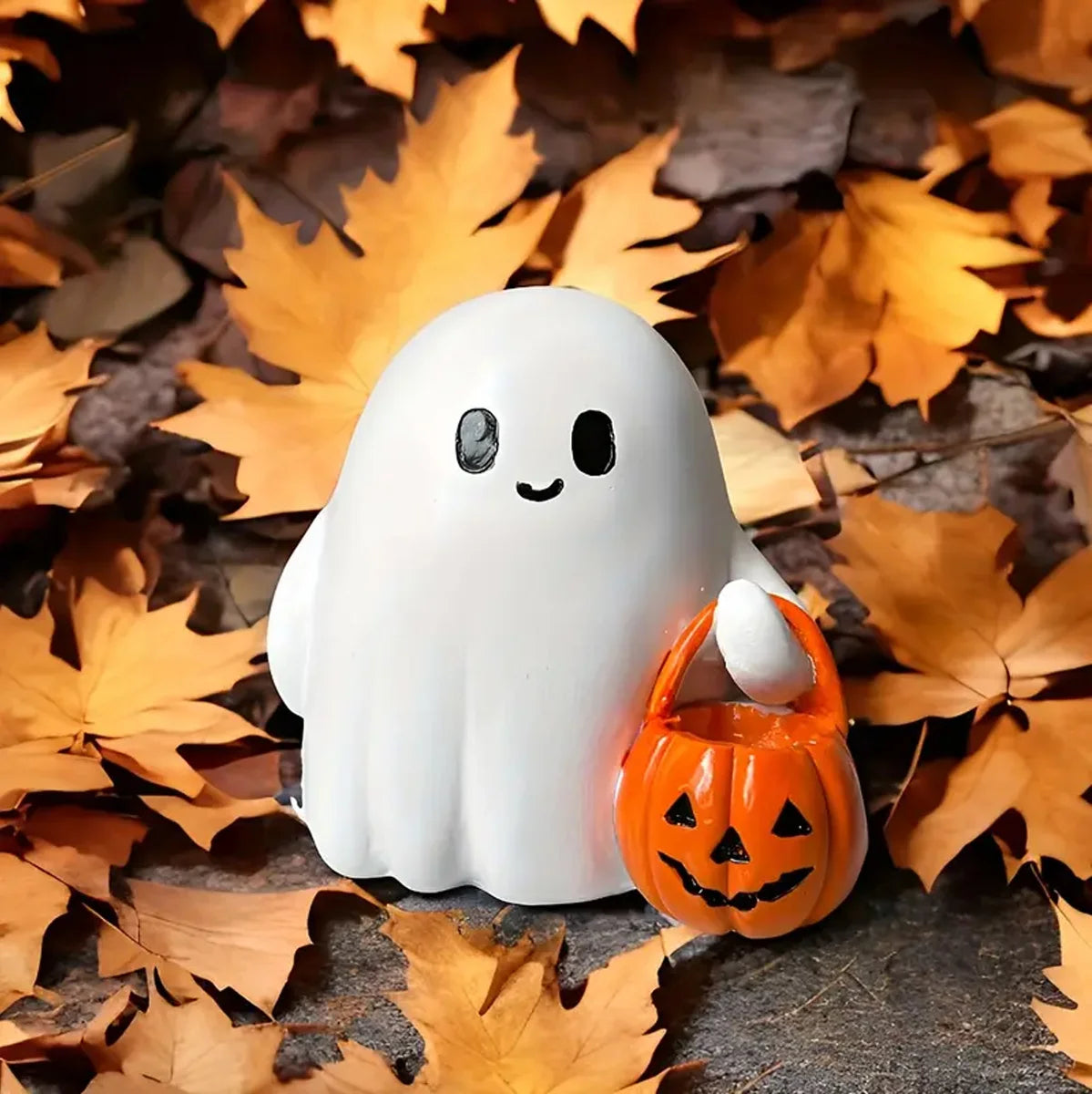 Cute Ghost Figurine with Pumpkin Bag - Luminous Resin Ghost Halloween Statue Desktop Ornament,For Halloween Decoration