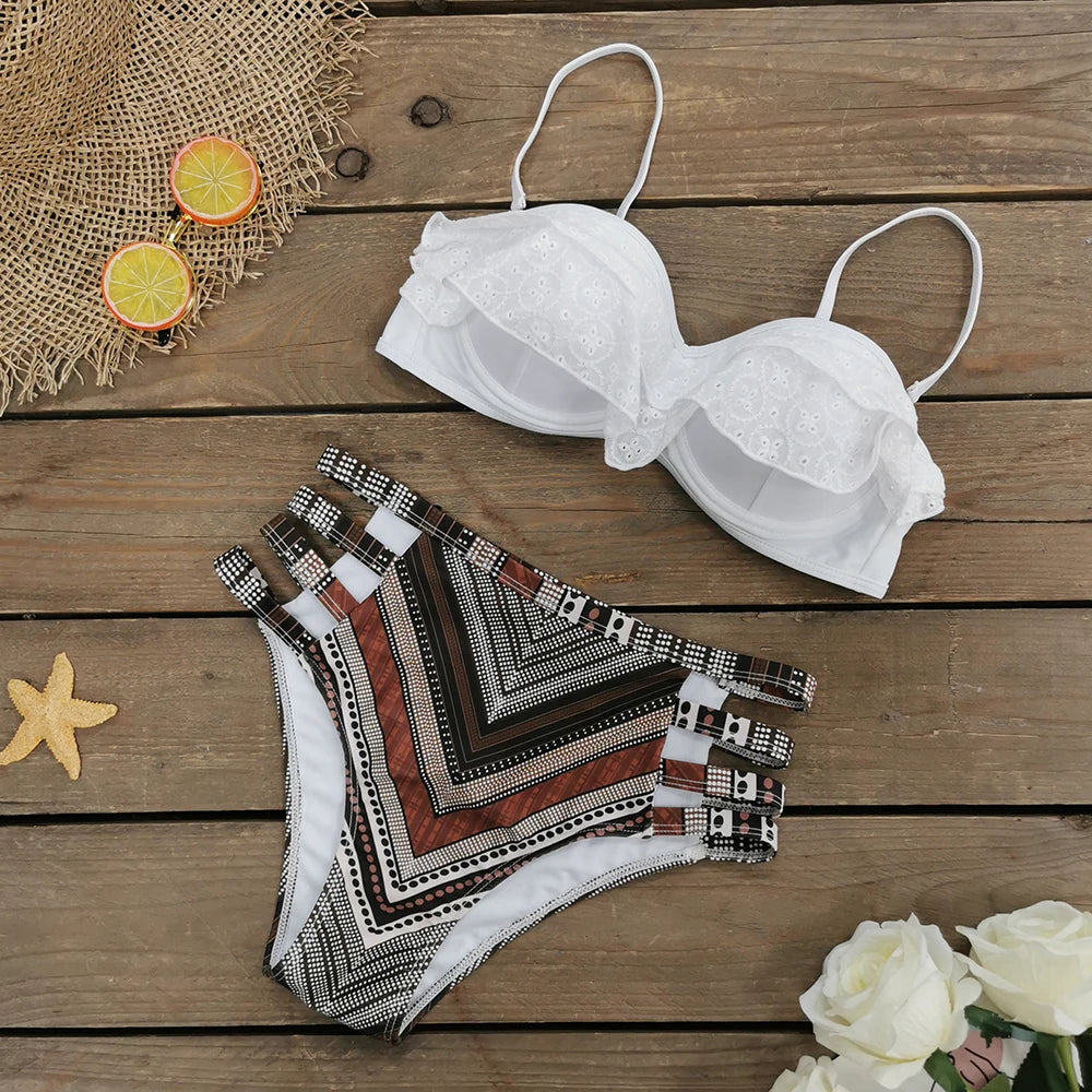 2024 Sexy Leaf Print Bikini Female Swimsuit Women Swimwear Thong Push Up Bikinis Set High Waist Swimming Suits for Bathing Suit