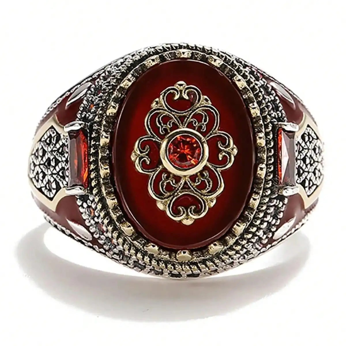 Retro Turkish Handmade Men Crown Rings Vintage Carved Eagle Pattern Red Zircon Stone Rings Rock Punk Muslim Wedding Band Jewelry