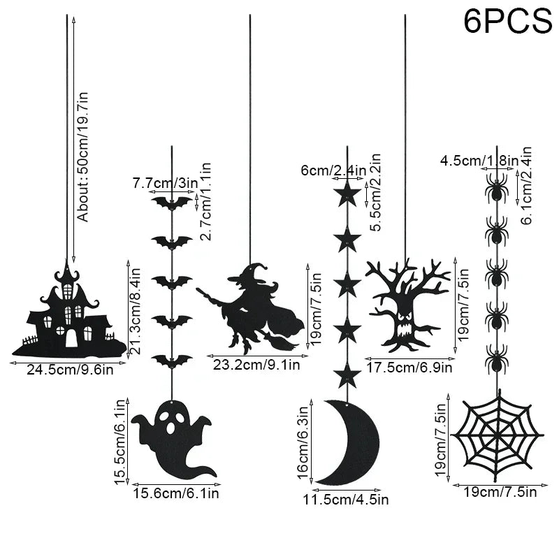 6pcs Halloween Hanging Banner Garland Scary Spider Witch Ghost Bat Pendant Ornament Happy Halloween Party Decorations for Home