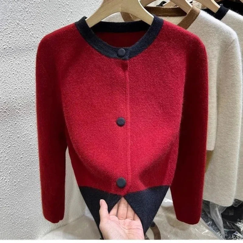 Xiaoxiangfeng Contrasting Color Sweater Jacket for Women in Autumn Winter Spring and Autumn Lazy Style Small Knitted Cardigan