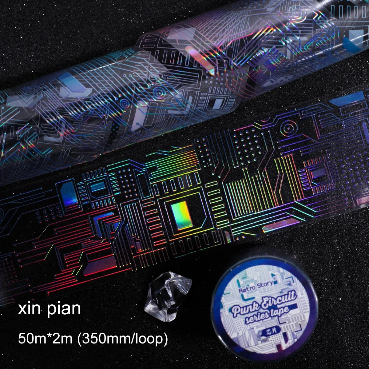 JIANWU 50mm*200cm Punk Circuit Series Vintage Laser Material Collage Landscaping PET Tape Creative DIY Journal Stationery