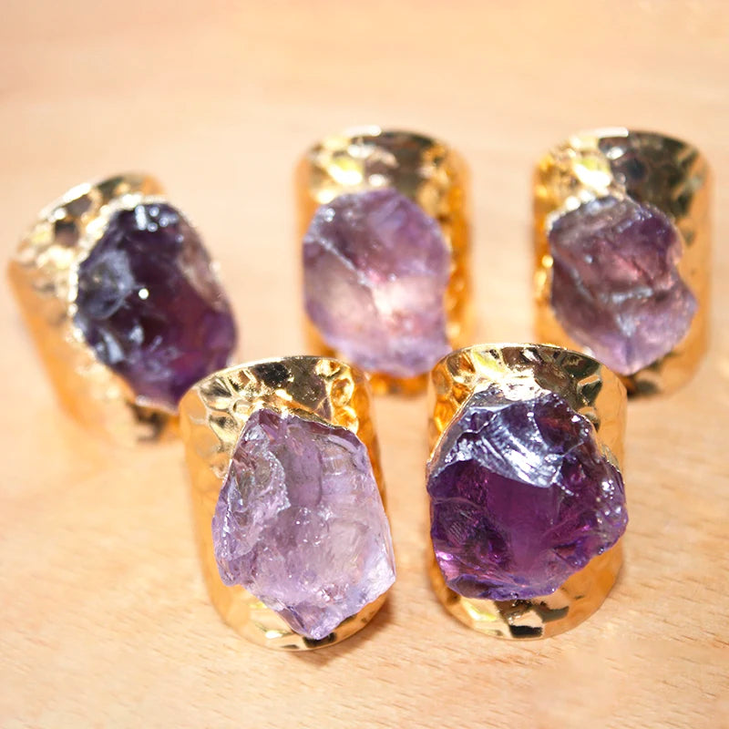 Irregular Genuine Stone Adjustable Ring for Women Golden Handmade Rough Amethyst Finger Jewelry