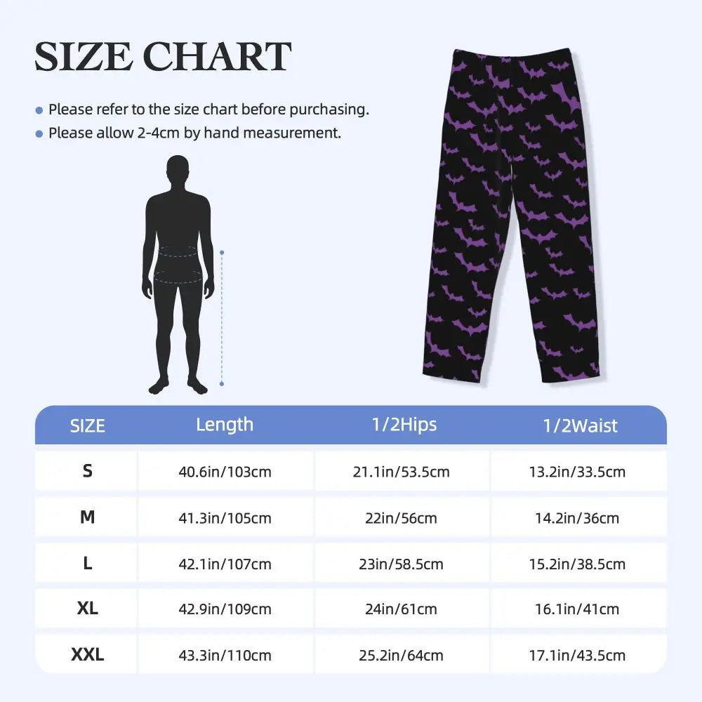 Custom Cute Spooky Halloween Bats Black And Purple Pajama Pants for Men Lounge Sleep Drawstring Sleepwear Bottoms with Pockets