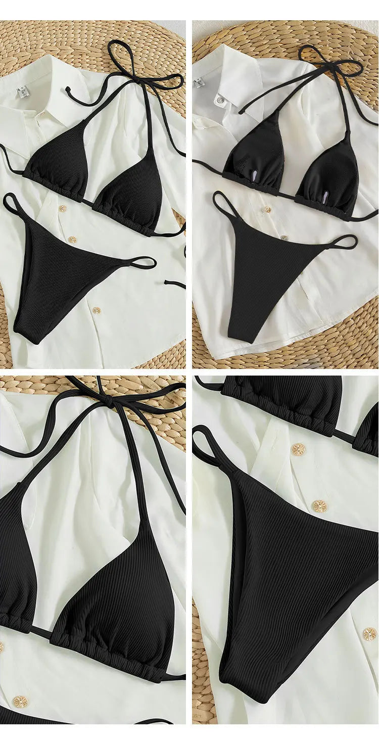 11 Colors Women Sexy Simple Solid Halter Bikini Swimsuit High Waisted Lace Up Beach Bathing Suit Special Pit Stripe Fabric 2024