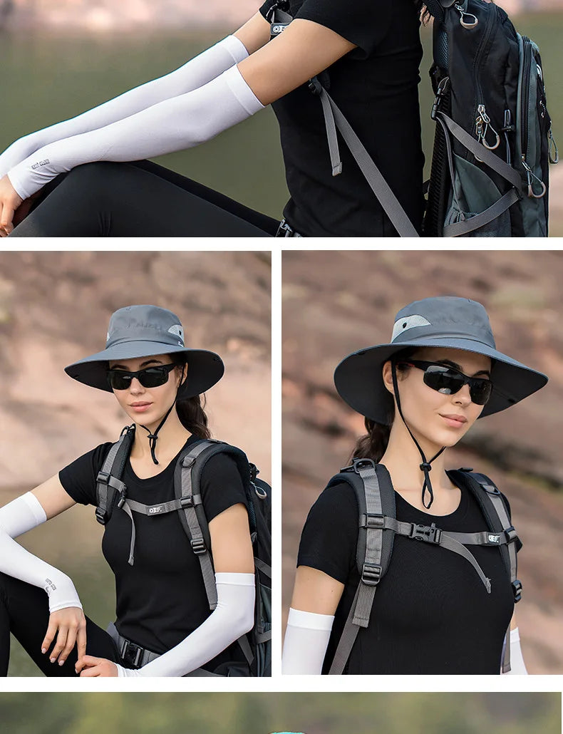 Women Summer Adjustable Bucket Hat with a Ponytail Hole Girls Sun Protection Hiking Cap Parent-child Outdoor Wide Brim Headgear
