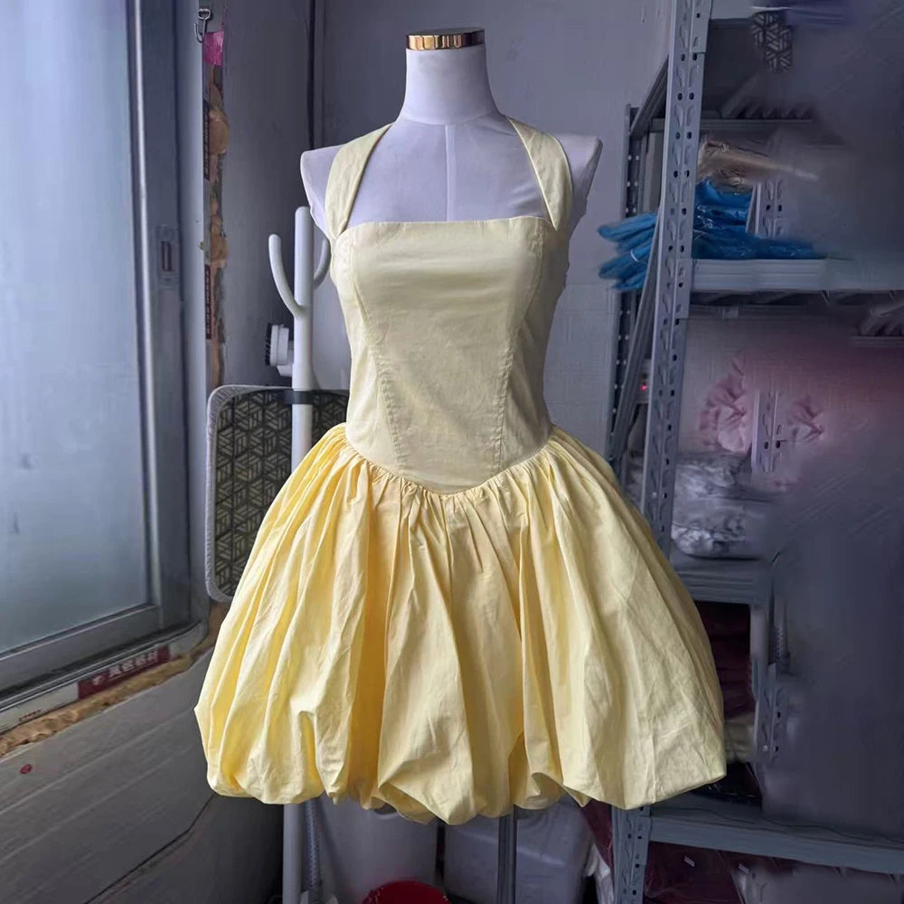 VGH Sexy Temperament Tunic Ball Gown for Women Halter Sleeveless Patchwork Lace Up Short Prom Dresses Female Clothing Fashion