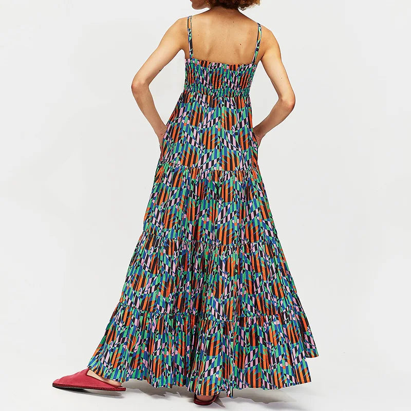 Square Collar Backless Patchwork Maxi Dress, Women Summer Sleeveless Print Party Dress, 2024 Casual Elegant Ladies Dress Vestido