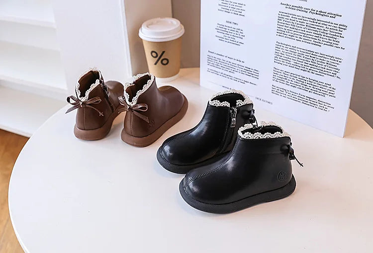 2024 New Autumn Children Boots Leather Girls Ankle Boots Lace Butterfly-knot Rubber Sole Fashion Toddler Kids Boots EU 21-30