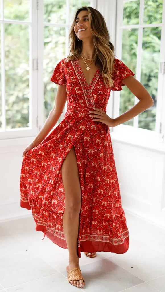 2024 Summer Leisure Hot Sale Holiday Printed Dress Sexy Long Dress Women's Wear