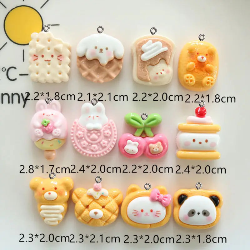 10Pcs Cute Cartoon Animal Cookies Resin Charms DIY Pendant Fun Earrings Necklace Jewelry Decor Kawaii Keychain Phone Craft Hook