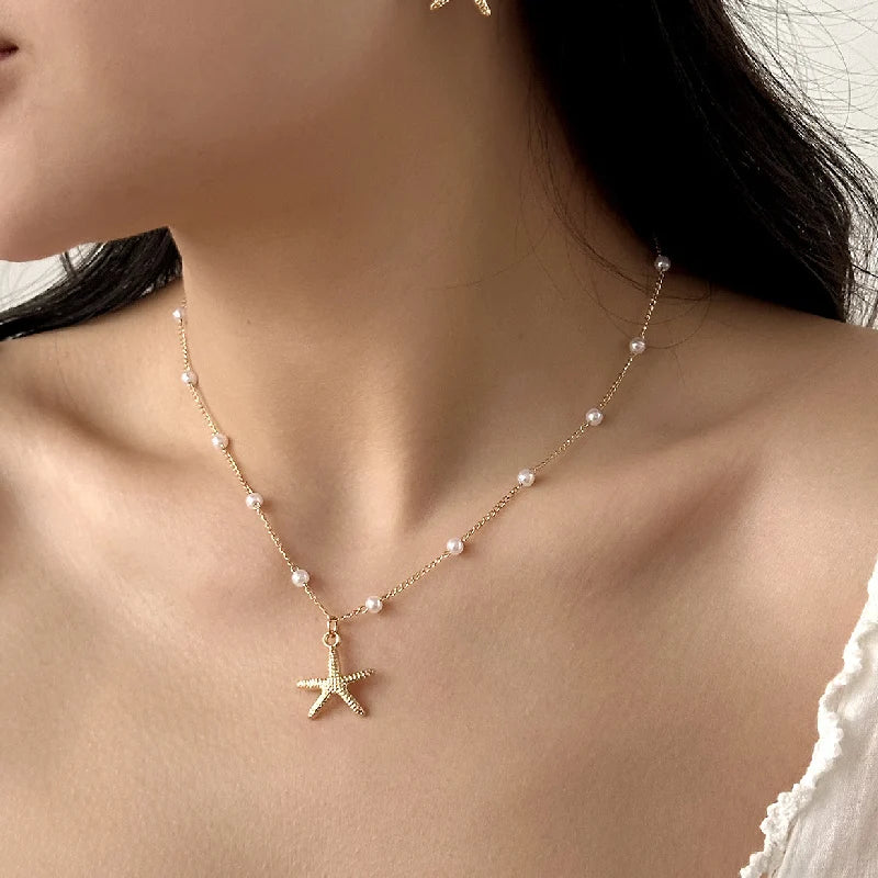 Boho Shell Turquoise Multi-layer Starfish Beaded Necklace for Women Beach Holiday Jewelry Minimalist Accessories