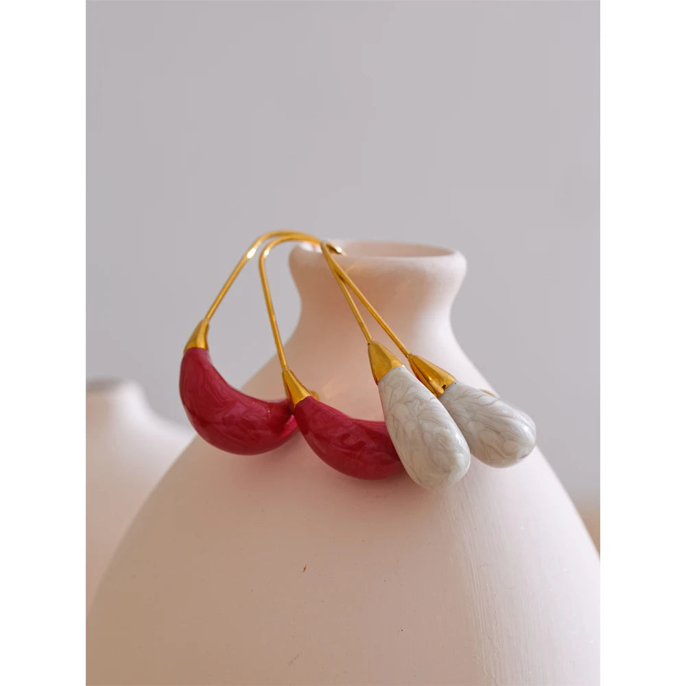 Yhpup New Popular Red White Enamel Metal U Shape Geometric Hoop Earrings for Women Stainless Steel Exquisite Daily Jewelry Gift