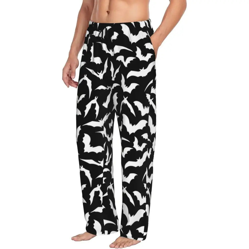 Custom Cute Spooky Halloween Bats Black And Purple Pajama Pants for Men Lounge Sleep Drawstring Sleepwear Bottoms with Pockets