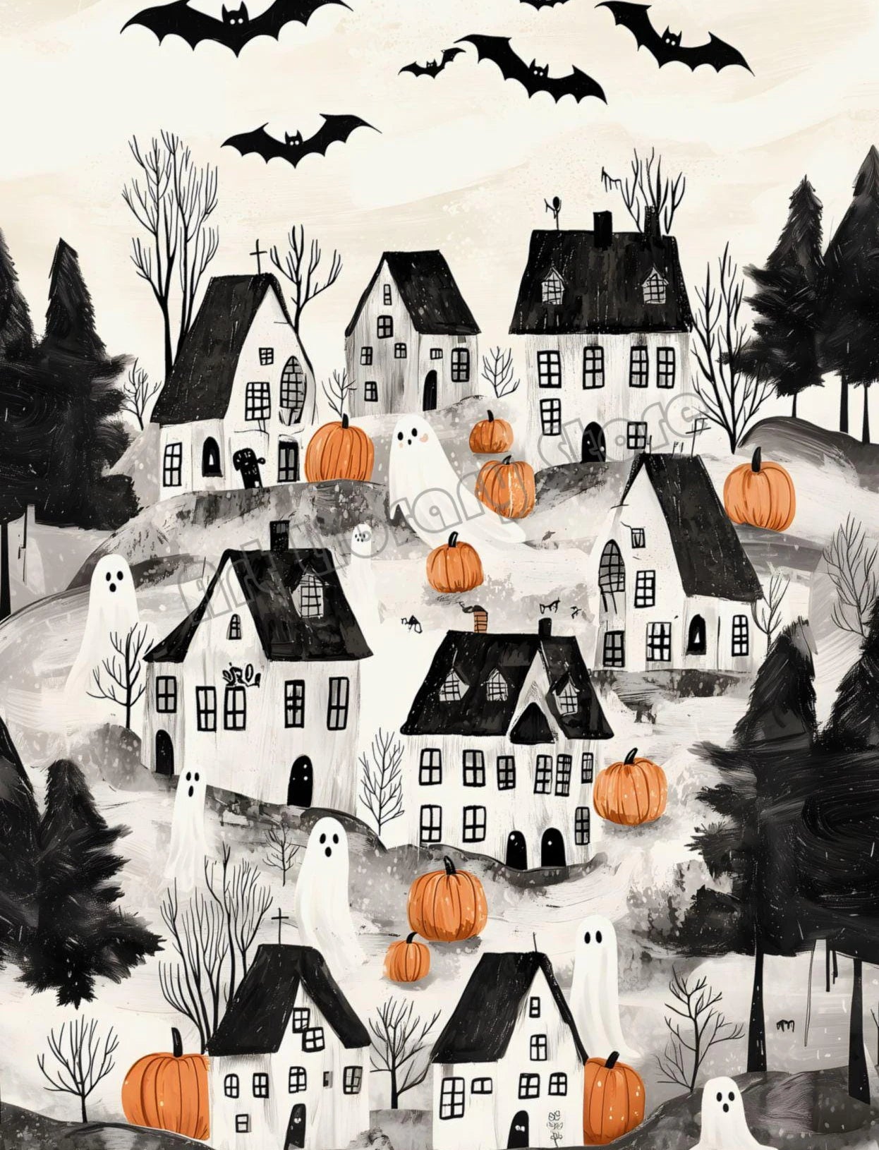 Spooky Halloween Town Folk Magical Forest Ghost Pumpkin Illustration Poster Canvas Painting Wall Pictures Holiday Home Decor