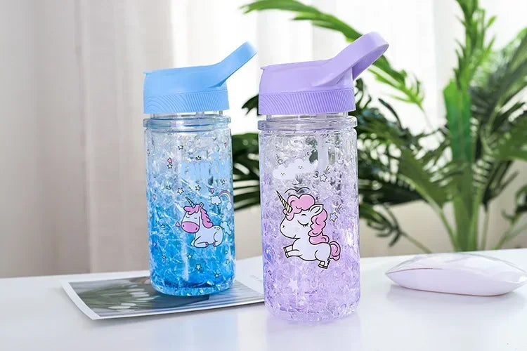Stylish Double Straw Unicorn Ice Cup Summer Cold Drink Juice Coffee Water bottle Boy's Girl's Portable Plastic Cups Novelty Gift