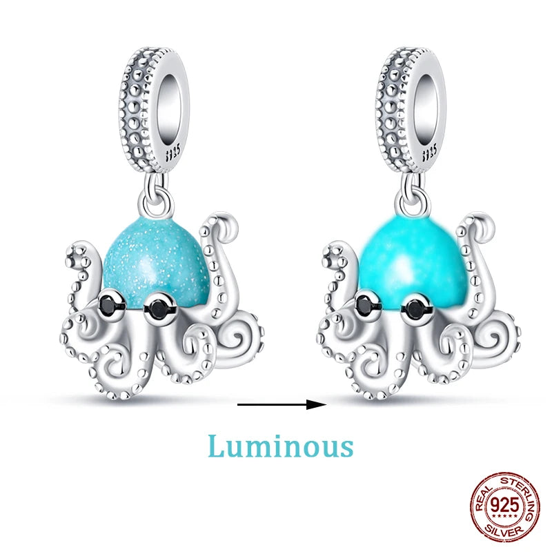 New 100% 925 Sterling Silver Ocean Luminous Sea Turtle Dolphin Octopus Charms Beads Fit Qikaola Original Bracelets DIY Jewelry