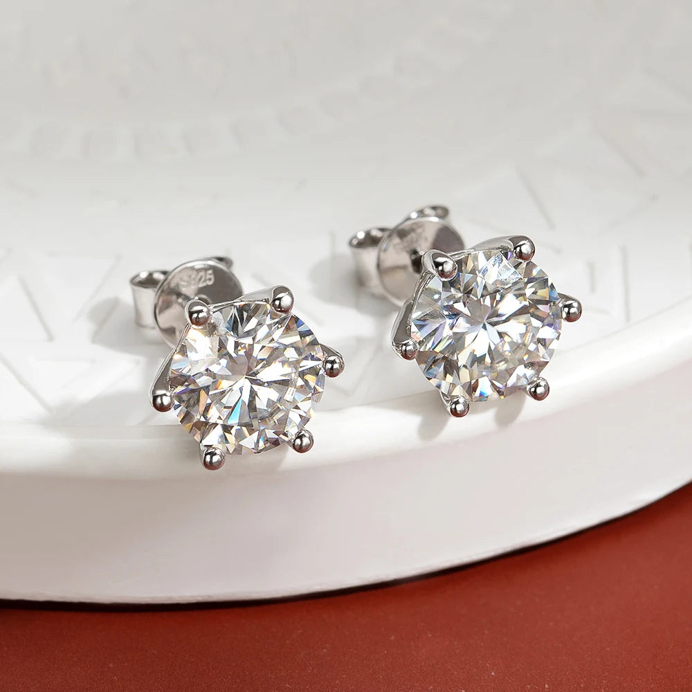 2 Carat Classic Moissanite Stud Earrings 925 Sterling Silver For Women 6-Claw D Color Sparkling Diamond Round Ear Studs with GRA