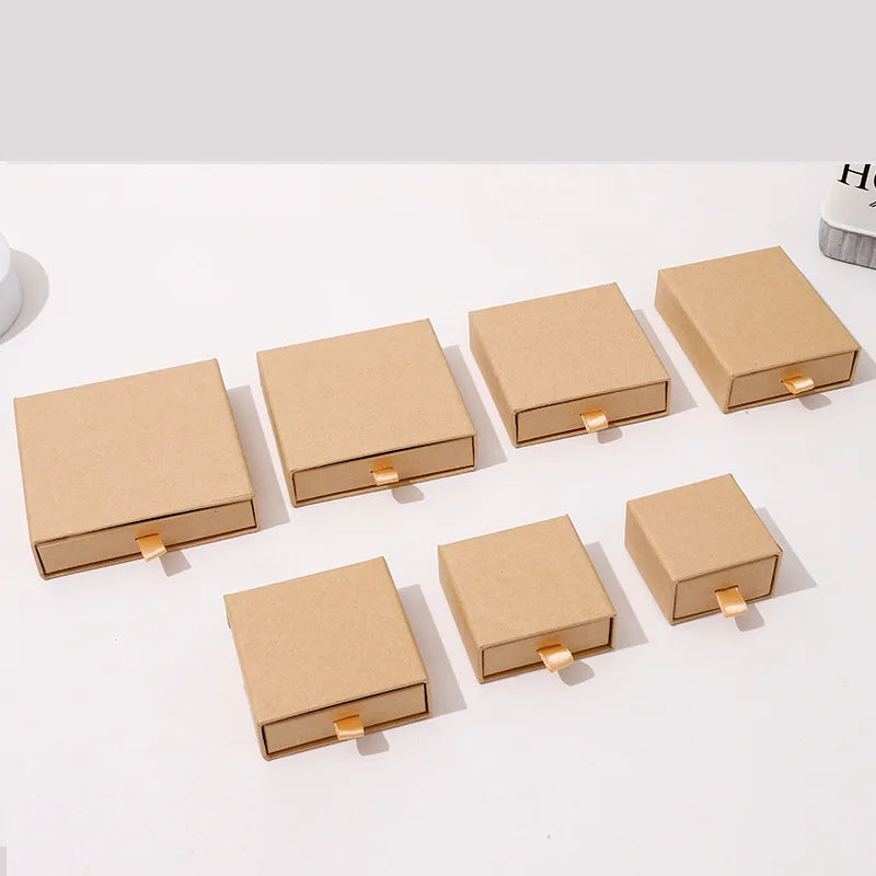 10 Bulk Luxury Hard Rigid Cardboard Sliding Jewellery Gift Box Beige Paper Drawer Jewelry Ring Stud Earring Packaging Boxes Case