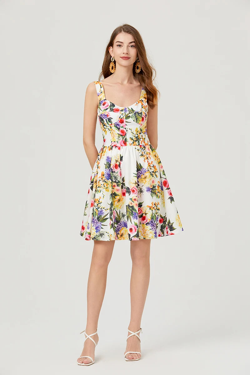 2024 Summer Fashion Short Boho Dress Women Mini Floral Print Dress Female Sleeveless Hanging Belt Printed Waist Folded Dress