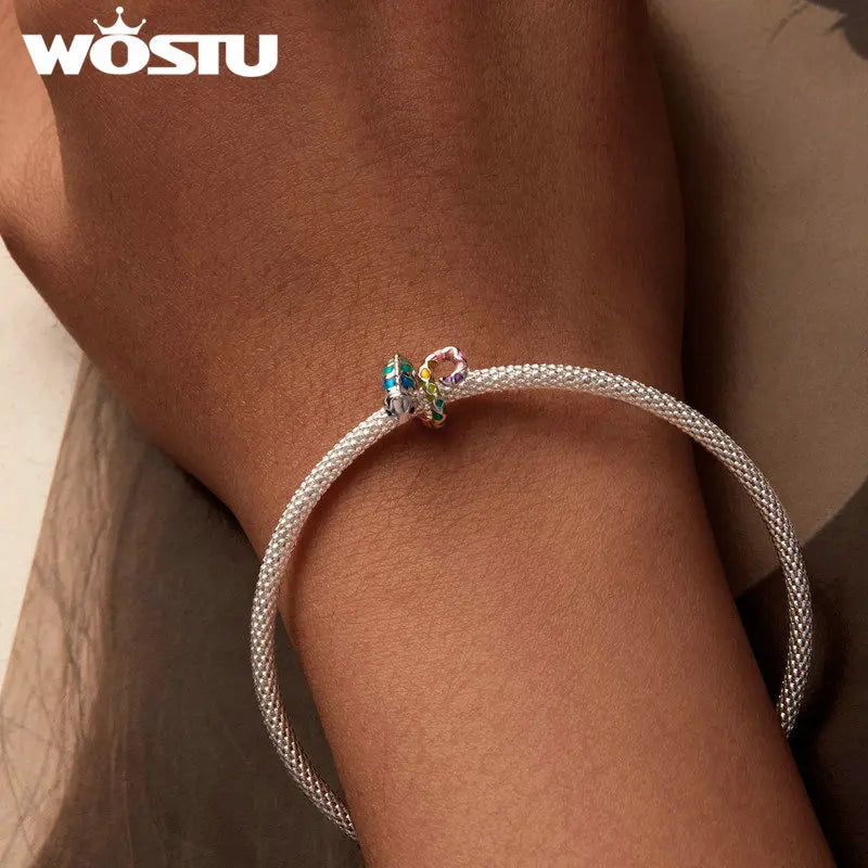 WOSTU Real 925 Sterling Silver Rainbow Color Chameleon Charms Animal Bead Fit Original Bracelet DIY Necklace Jewelry Making Gift