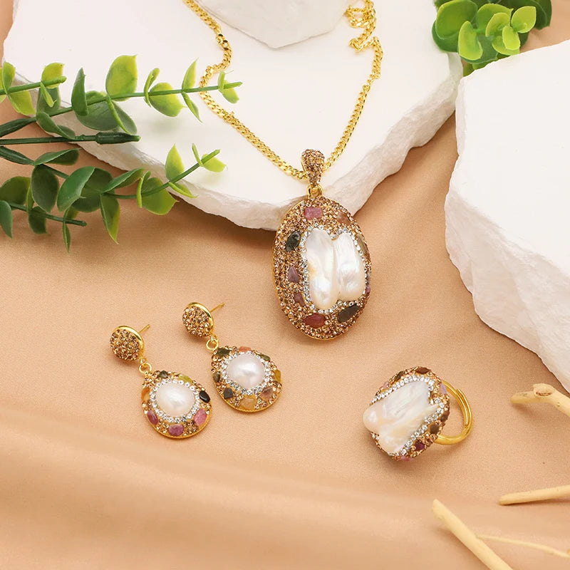 Natural Baroque Pearl Pendant Tourmaline Necklace Earring Ring Elegant Women'S Sets 18K Gold Plated Jewelry For Women Gifts
