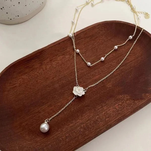 Fashion Imitation Pearl Rhinestone Necklace Stainless Steel Extra Long Drawstring Snake Tassel Metal Chain Women's Jewelry Gifts