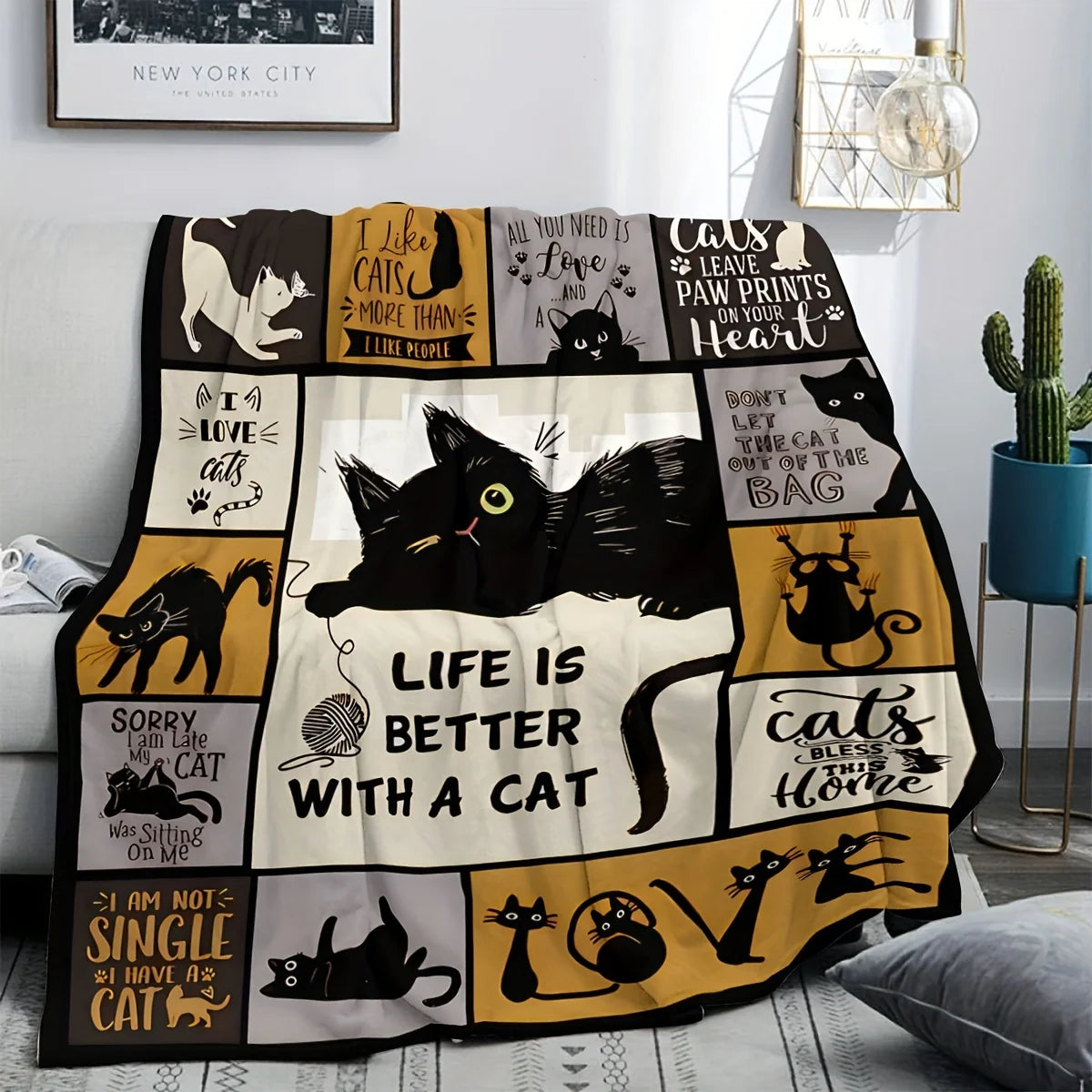 1pc Blanket Lovely Black Cat 3D Print Smooth Flannel Blanket for Home Living Room Bedroom Decor New Year Christmas Gift