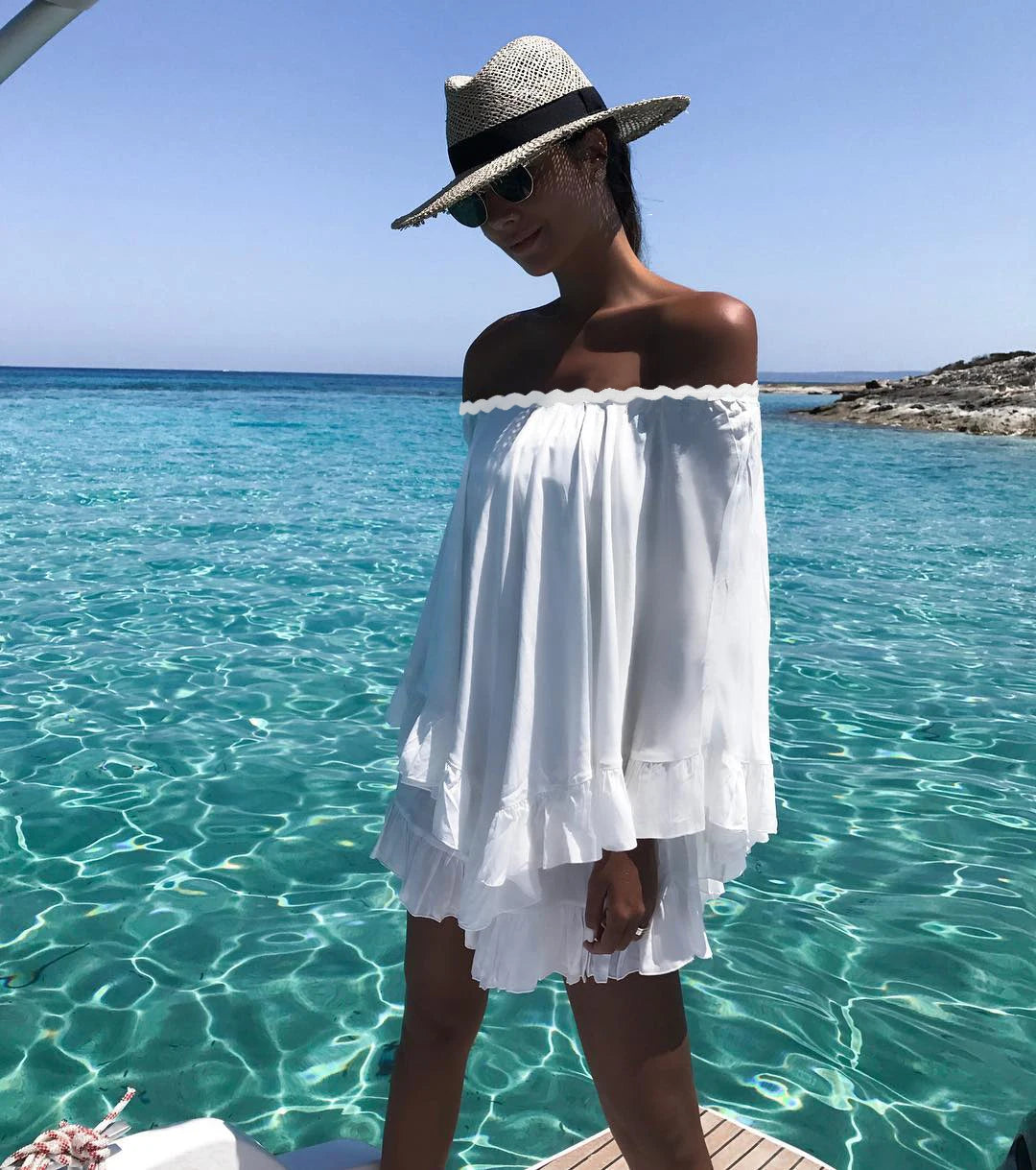 2024 Crochet White Knitted Beach Cover Up Dress Tunic Long Pareos Bikinis Cover Ups Swim Cover Up Robe Plage Beachwear